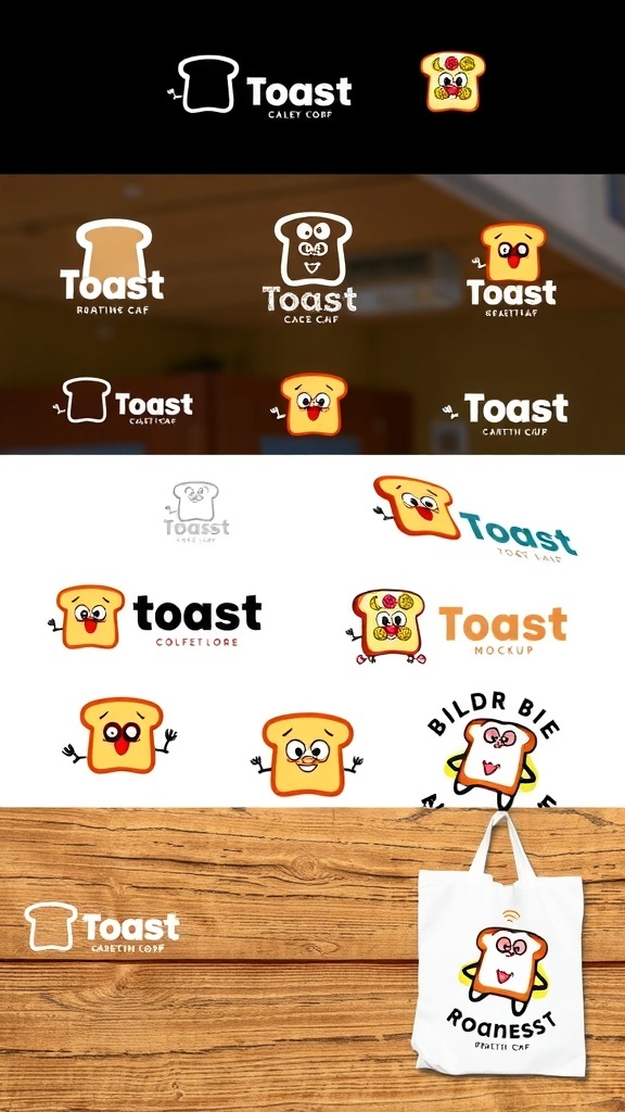 A variety of creative toast logo designs on a wooden table, including minimalist and illustrated styles.